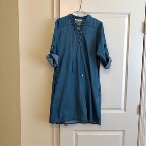 Denim Lace-Up Dress with Roll Cuffs